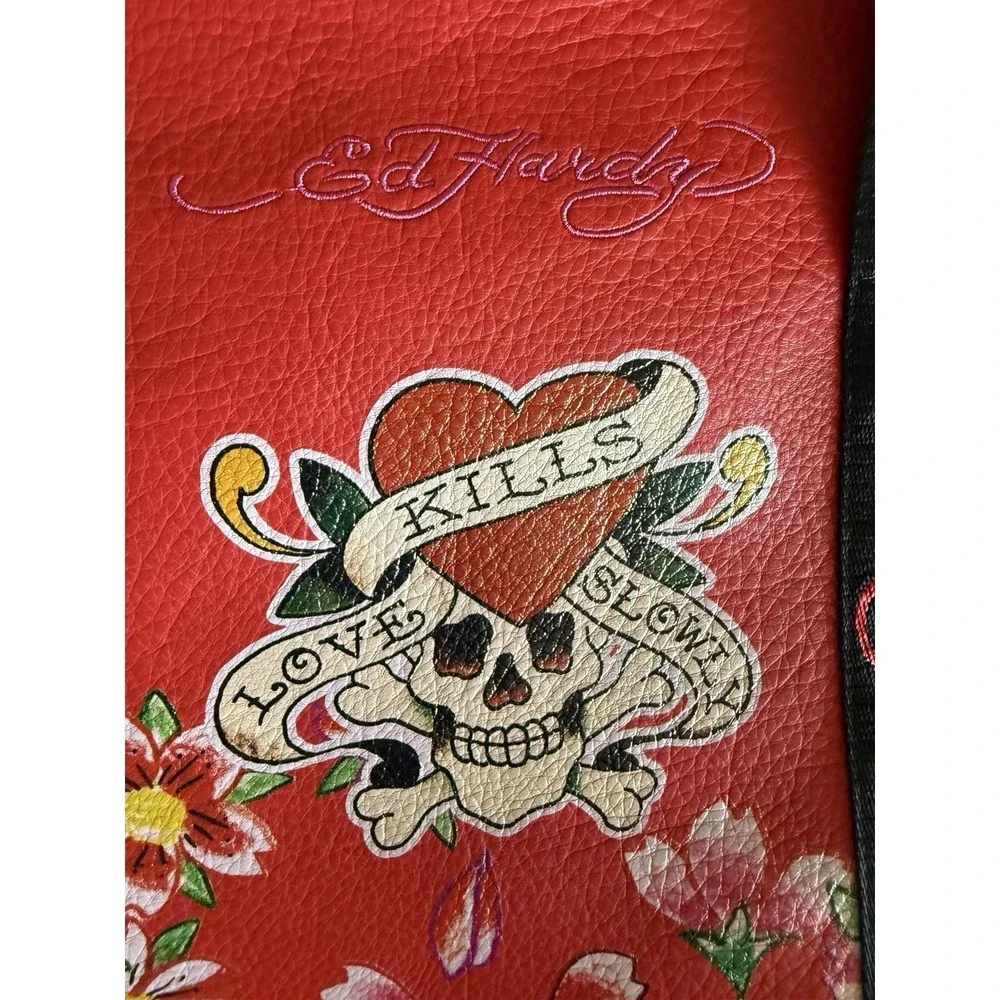 Ed Hardy Large Red Weekender Duffel Travel Tote Bag Skull Floral NWT Cherry Y2K
